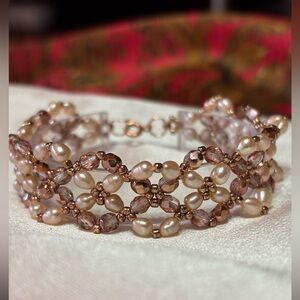 Hand Crafted White Freshwater Pearl and Crystal Copper Tone Bracelet 8 inches